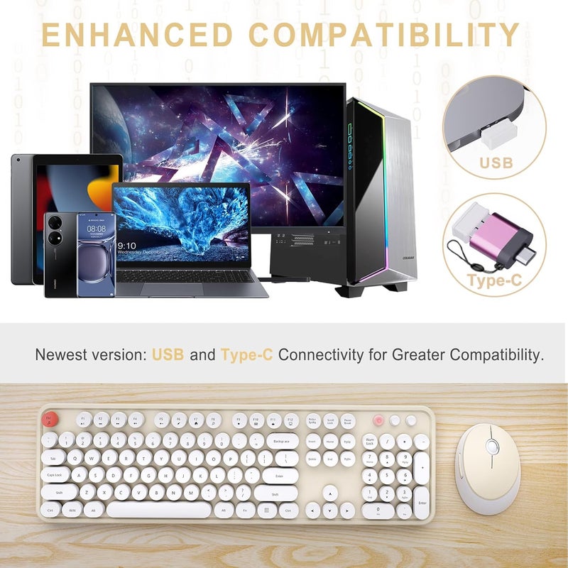 SkyGive Wireless Keyboard and Mouse Combo, Ergonomic Full Size Typewriter Retro Round Keycaps Keyboard, Compatible with Windows, PC, Perfer for Home and Office Keyboards (Beige - Image 2